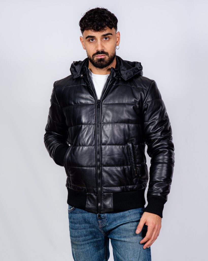(image for) PIUMINO IN PELLE UOMO NERO CON CAPPUCCIO