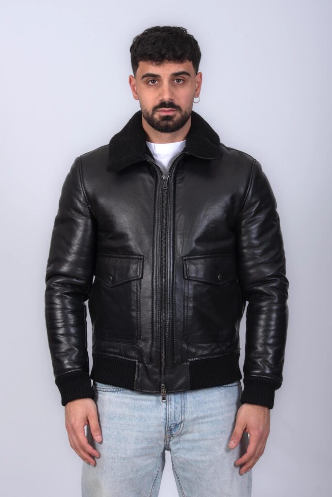 (image for) BOMBER IN VERA PELLE CON ECOMONTONE UOMO NERO