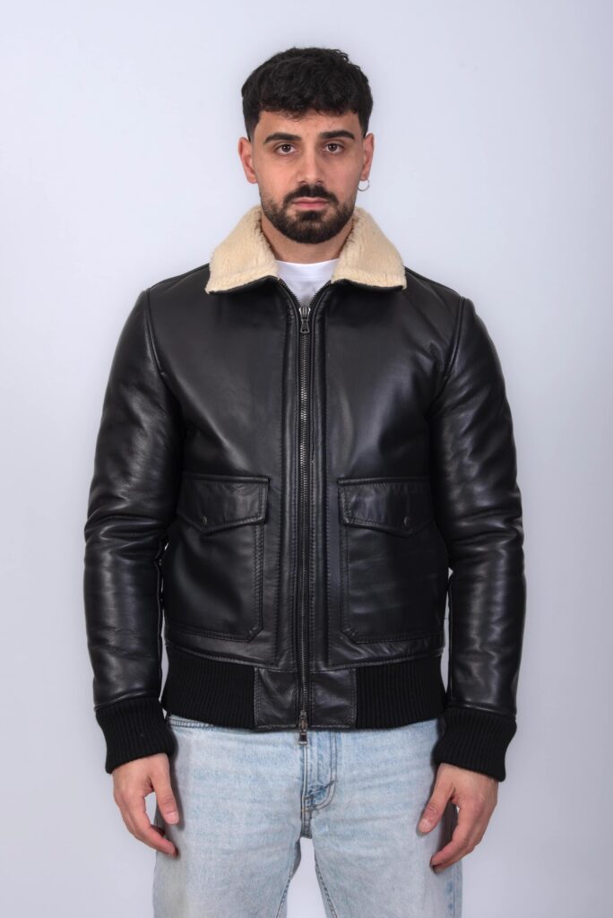 (image for) BOMBER IN VERA PELLE CON ECOMONTONE UOMO NERO
